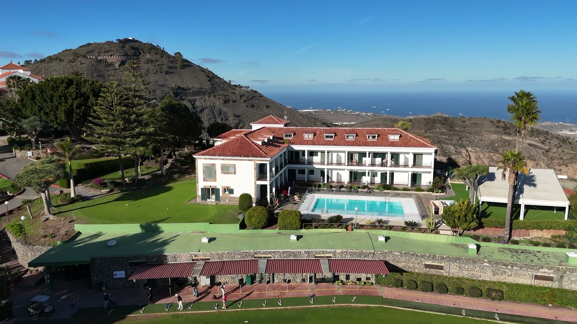 Bandama Golf Hotel aerial view with pool, golf course and caldera